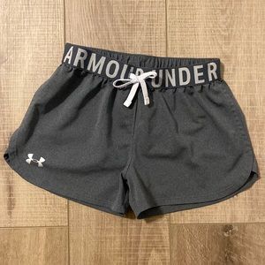 Grey, Under Armour, athletic shorts, youth medium.